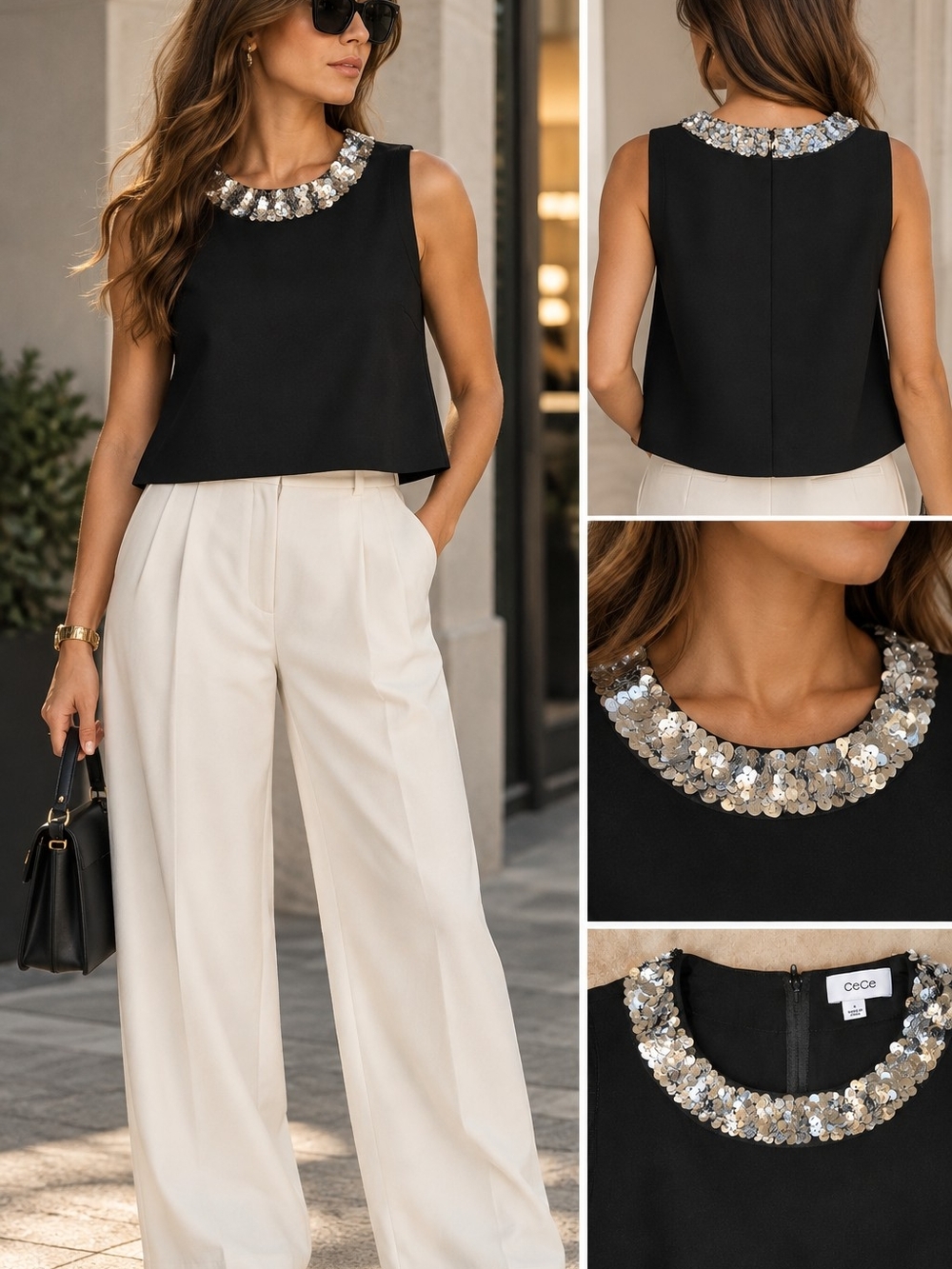 CeCe Black Sequin Embellished Sleeveless Crop Top Size S
